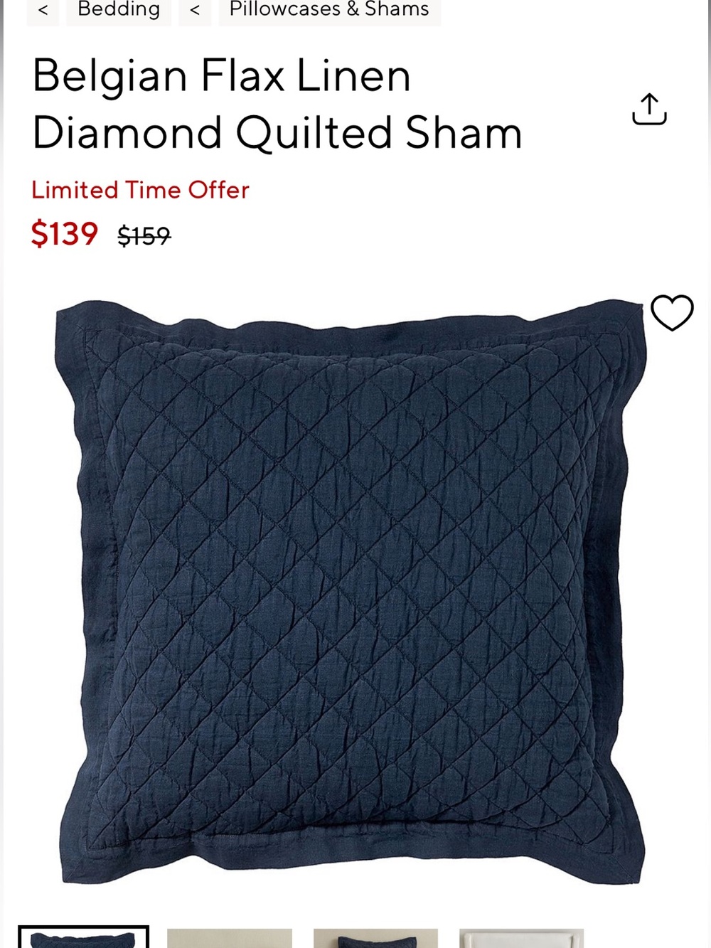 Pottery barn belgian flax linen diamond quilted sham blue large
